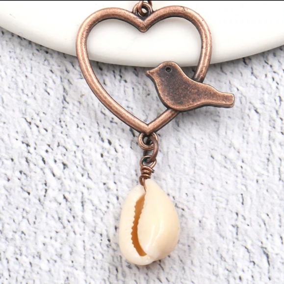 Bronze Bird Heart Cowrie Shell Drop Earrings - Picture 3 of 8